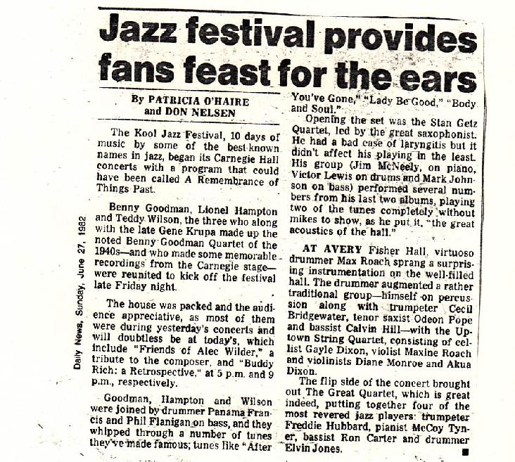 Review from NY Daily News.  Debut performance, Max Roach Double Quartet/ Uptown String Quartet, KOOL Jazz Festival, Avery Fisher Hall, Lincoln Center NYC,  6/25/82.  Original personnel of the Uptown String Quartet:  Gayle Dixon violin 1, Diane Monroe violin 2.  Maxine Roach viola.  Akua Dixon cello.  
